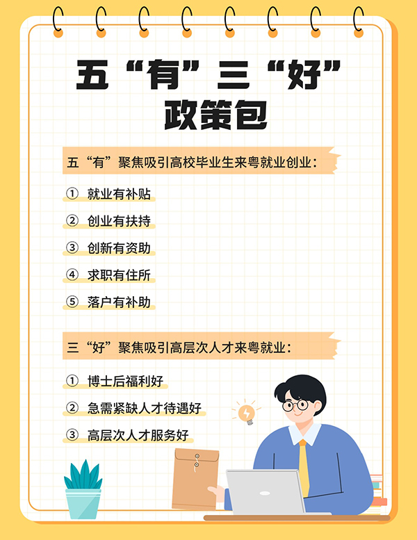 为深入实施“百万英才汇南粤”行动计划，广东汇集五“有”三“好”政策包，拿出诚意满满的激励政策，汇聚天下英才到南粤大地就业创业。